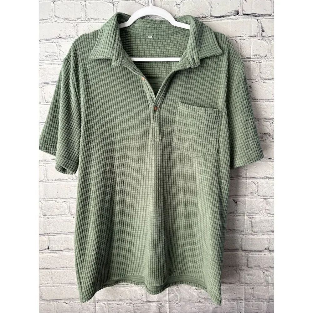 Men’s Medium Sage Green Waffle Polo Pocket T-shirt Button Up